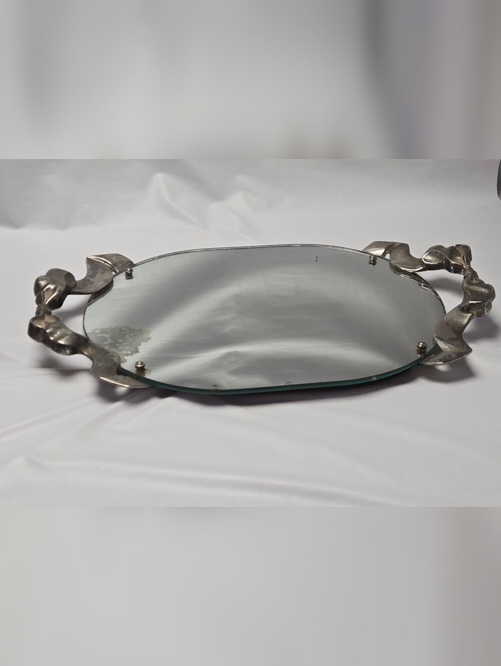 Ornate Silver-Tone Glass Vanity Tray with Sculpted Ribbon Handles